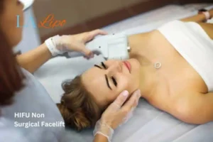 Woman having Hi-Fu to reduce wrinkles Leicester.