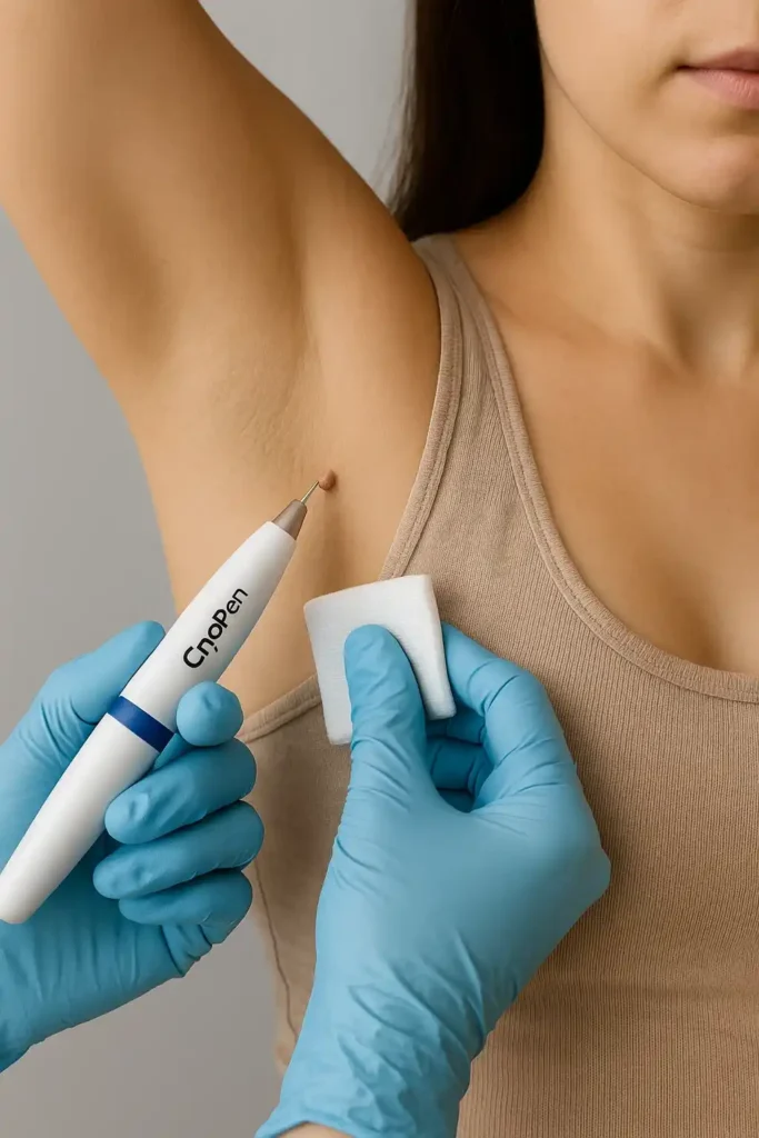 woman having cryopen to remove underarm skin tags Leicester