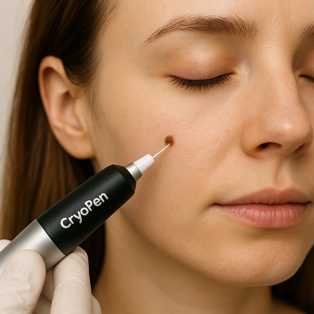 woman receiving facial mole removal Leicester using cryopen