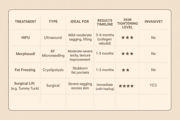 Table showing the comparisons of Skin tightening Leicester treatment options.
